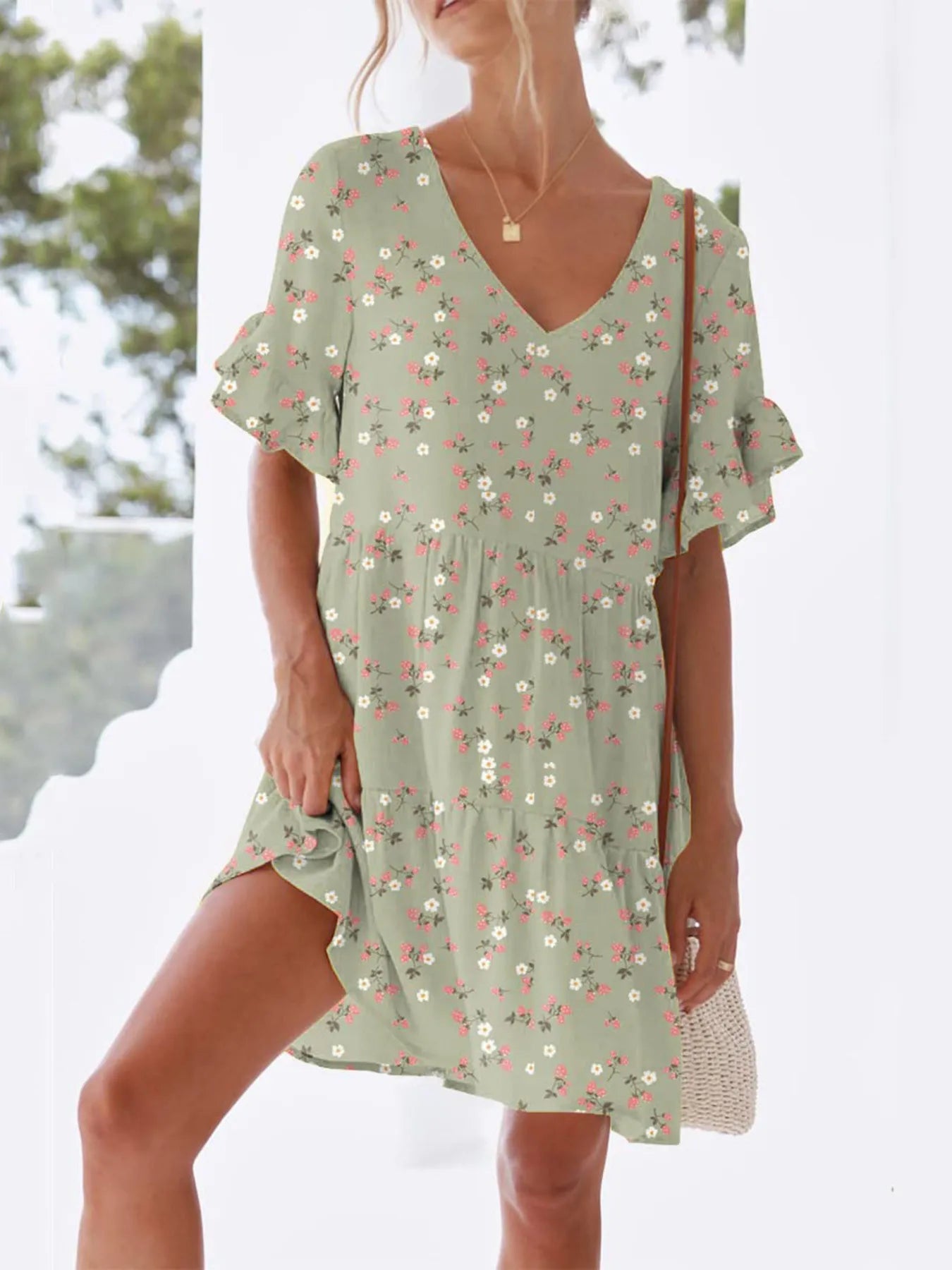 Polka Dot V-Neck Short Sleeve Mini Dress - adritiX