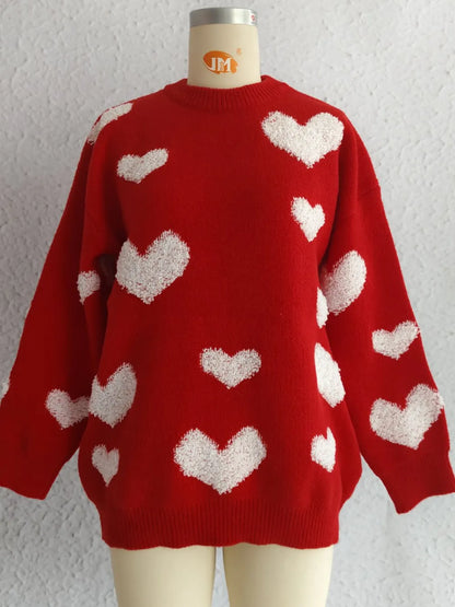 Heart Round Neck Dropped Shoulder Sweater - adritiX