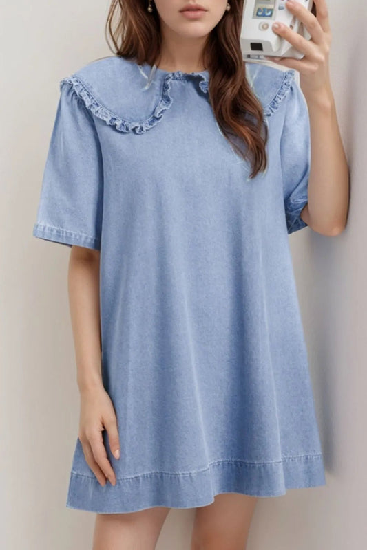Peter Pan Collar Short Sleeve Denim Dress - adritiX