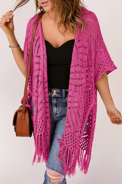 Openwork Open Front Cardigan with Fringes - adritiX