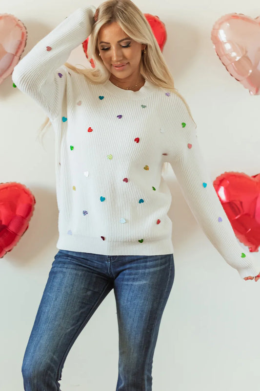 Heart Sequin Round Neck Long Sleeve Sweater - adritiX