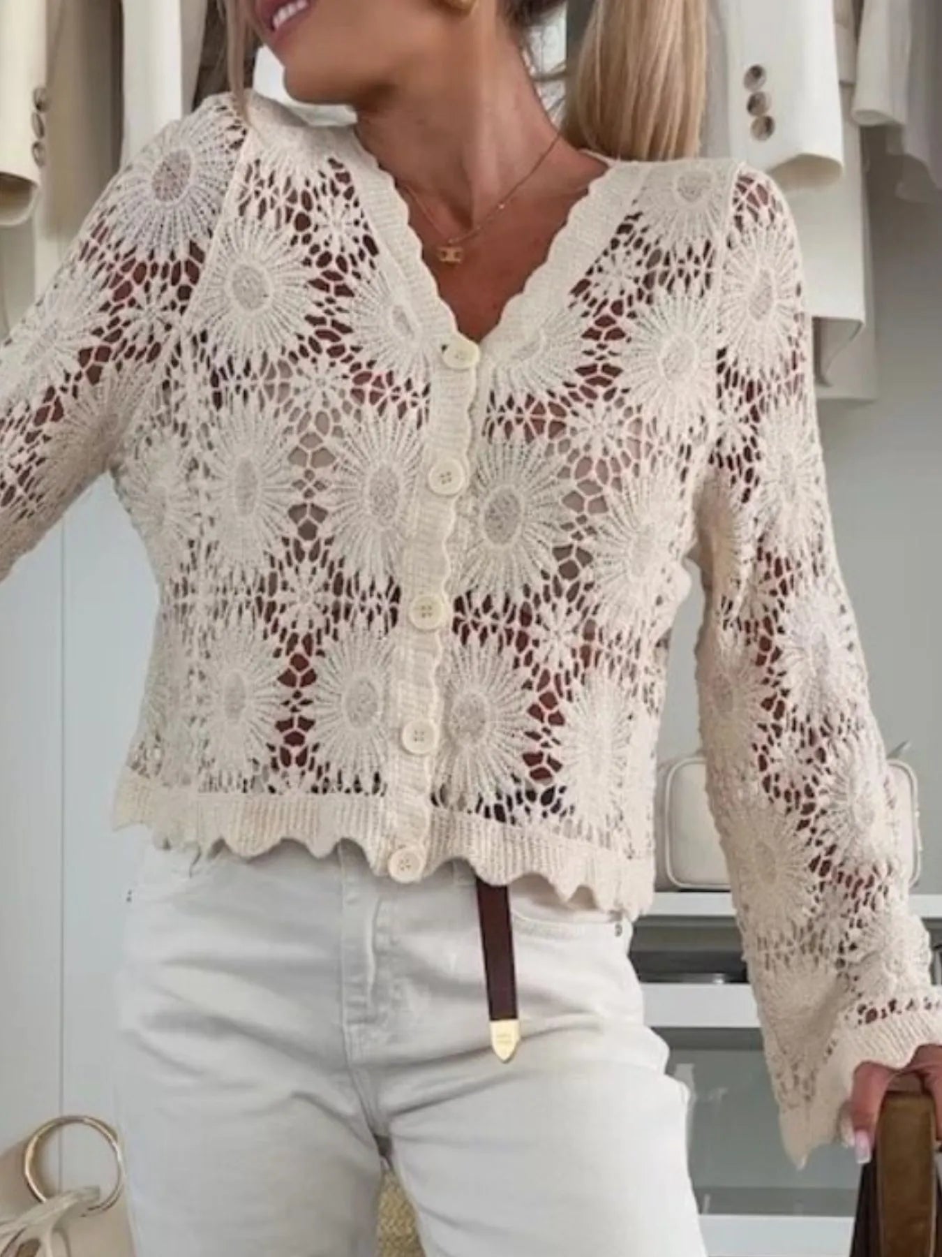 Lace V-Neck Button-Up Cardigan - adritiX