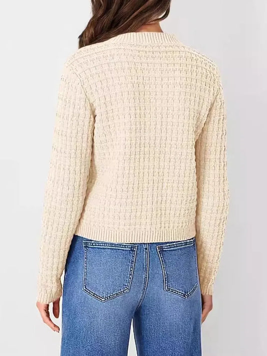 Button Up Round Neck Long Sleeve Cardigan - adritiX