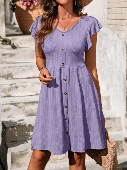 V-Neck Ruffled Cap Sleeve Dress - adritiX