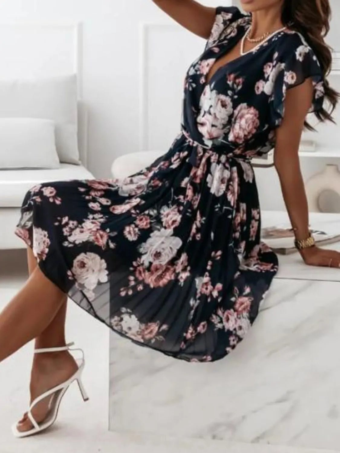 Floral Surplice Ruffled Cap Sleeve Dress - adritiX