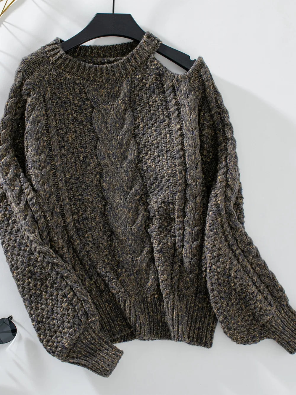 Cable Knit Round Neck Cold Shoulder Sweater - adritiX