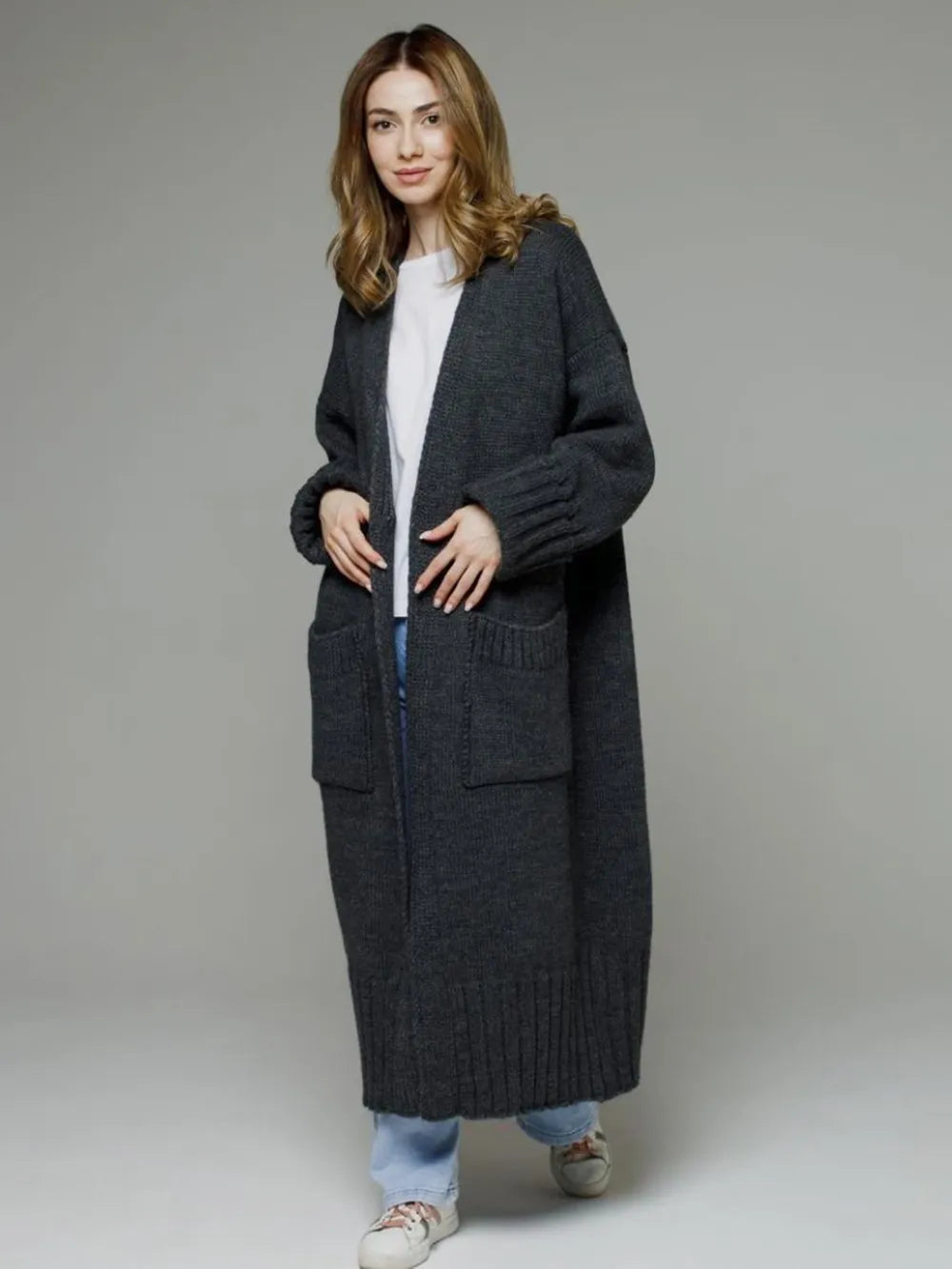 Pocketed Open Front Dropped Shoulder Cardigan - adritiX