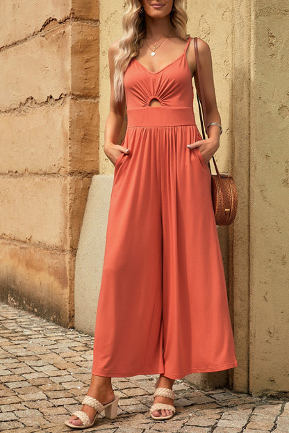 Elegant Smocked Spaghetti Strap Wide Leg Jumpsuit - adritiX