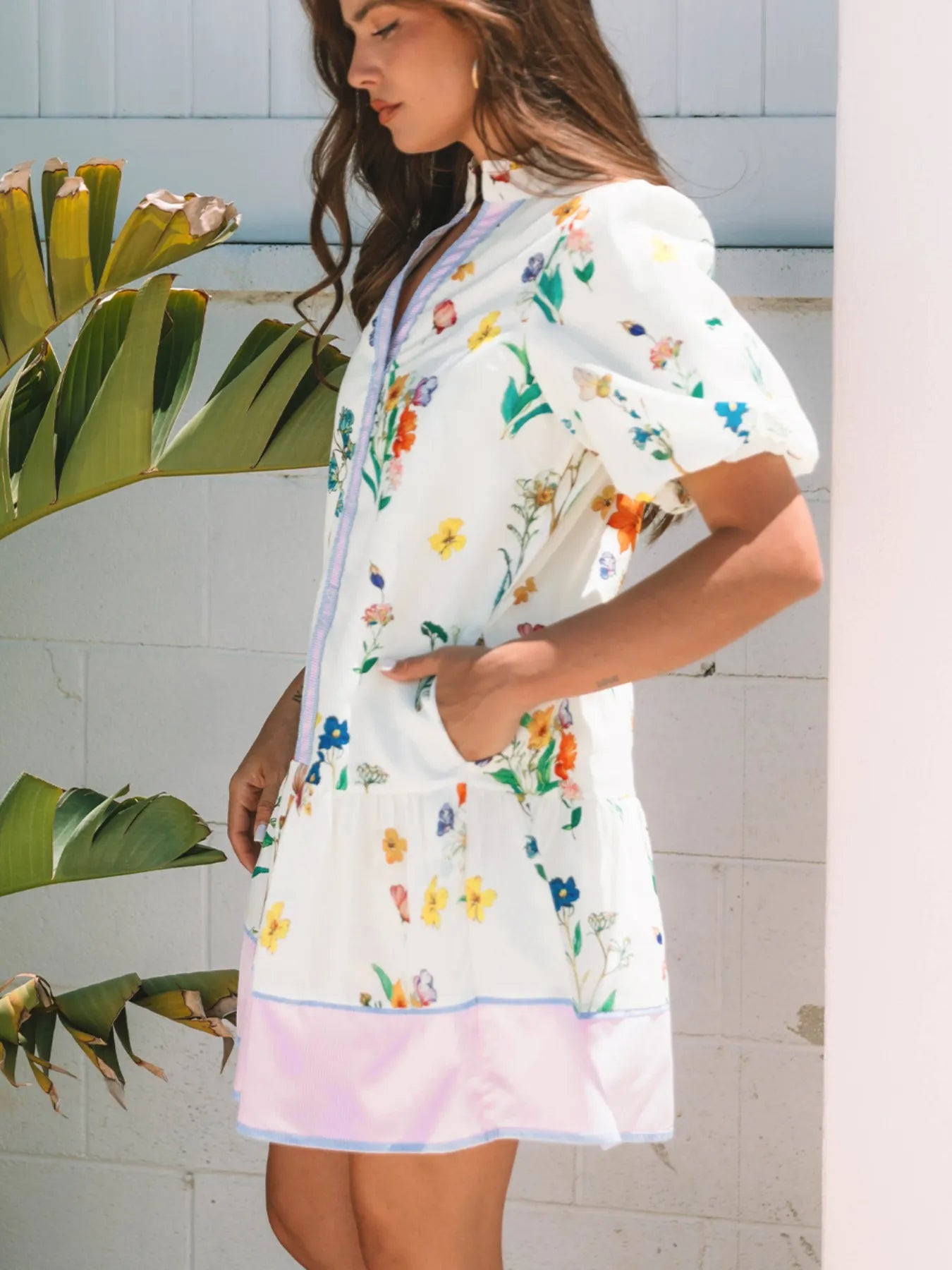 Floral Print Notched Short Sleeve Dress - adritiX