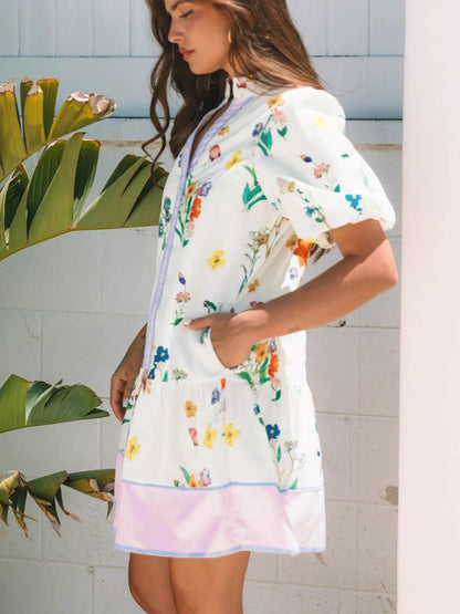 Floral Print Notched Short Sleeve Dress - adritiX