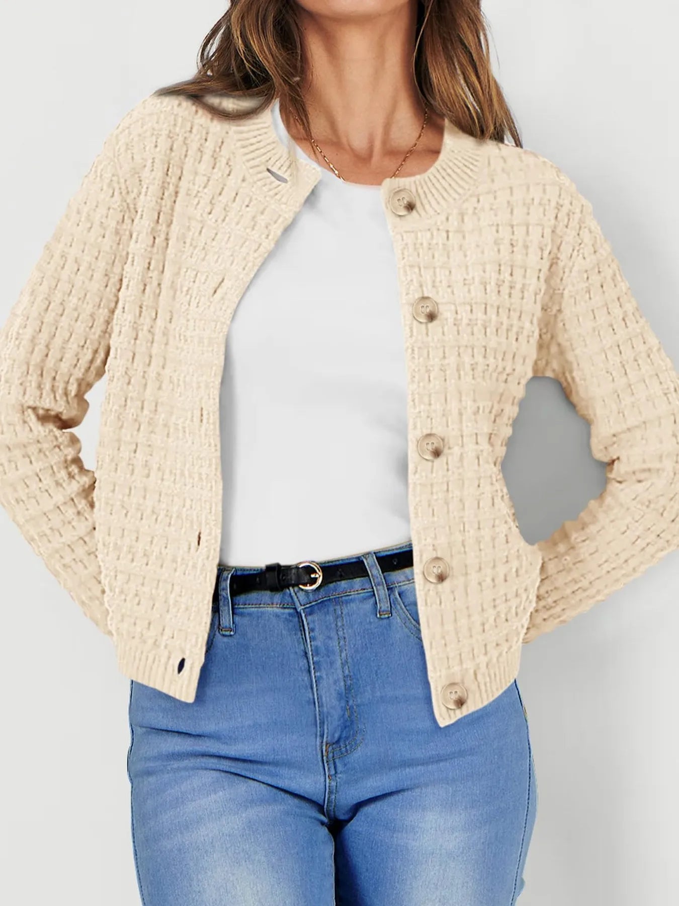 Elegant Textured Knit Button-Front Cardigan - adritiX