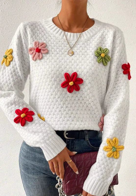 Elegant Crochet Flower Round Neck Long Sleeve Sweater - adritiX