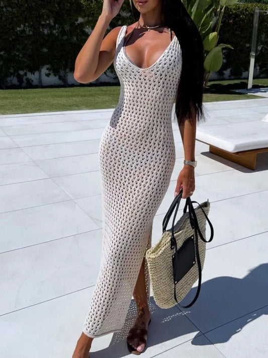 Elegant Openwork Slit Sweater Maxi Dress - adritiX