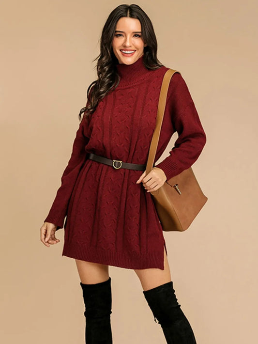 Perfee Slit Turtleneck Long Sleeve Mini Sweater Dress - adritiX