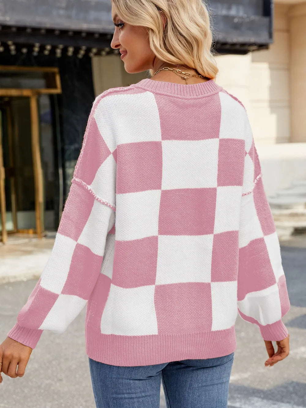 Checkered Round Neck Long Sleeve Sweater - adritiX