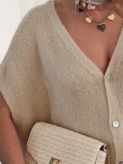 V-Neck Button Up Short Sleeve Cardigan - adritiX