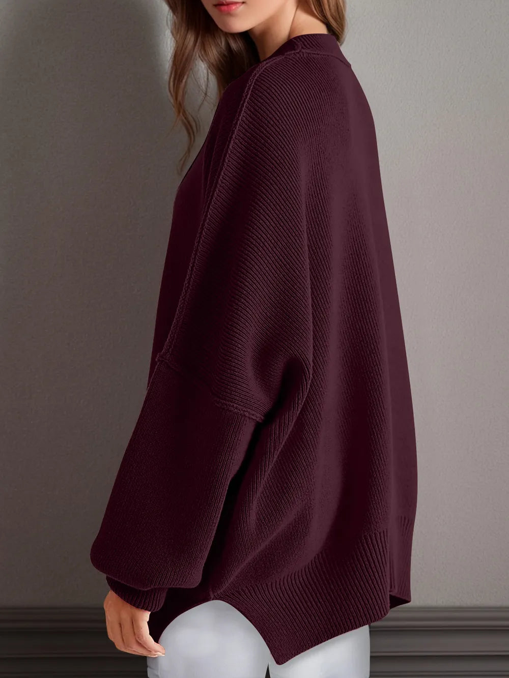 Double Take Side Slit Round Neck Long Sleeve Sweater - adritiX