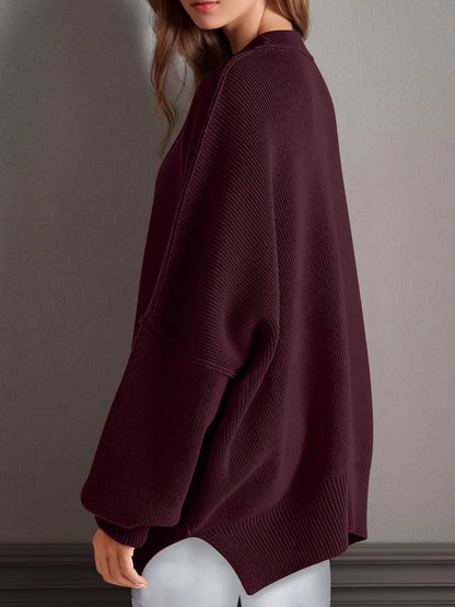 Double Take Side Slit Round Neck Long Sleeve Sweater - adritiX