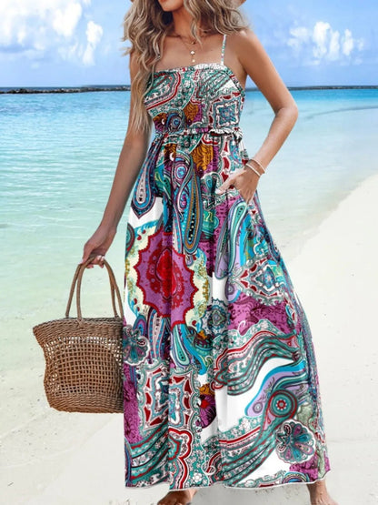 Printed Smocked Maxi Cami Dress - adritiX