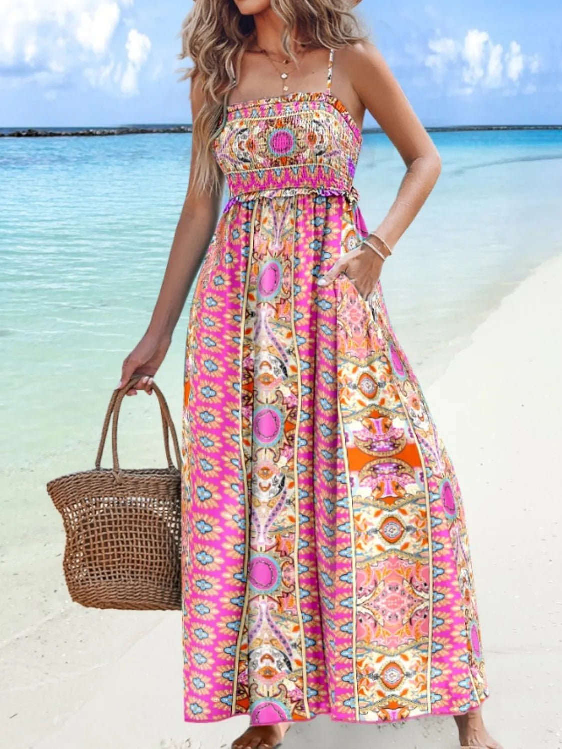 Printed Smocked Maxi Cami Dress - adritiX