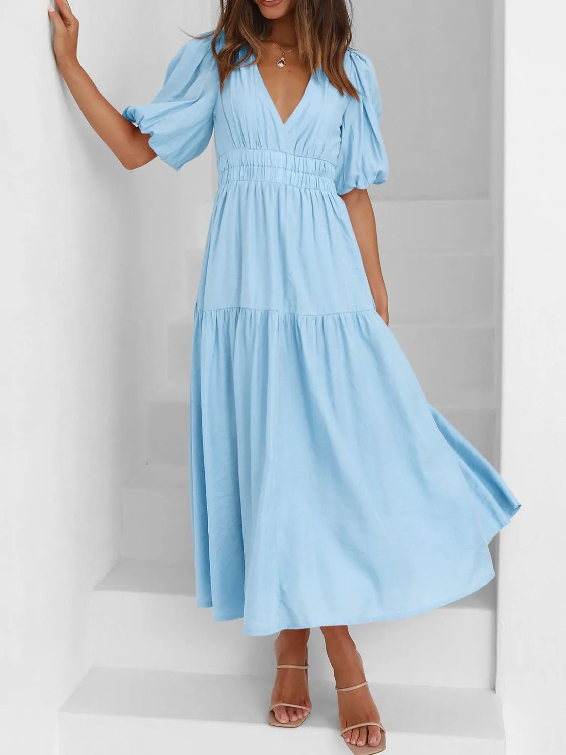 V-Neck Puff Sleeve Midi Dress - adritiX