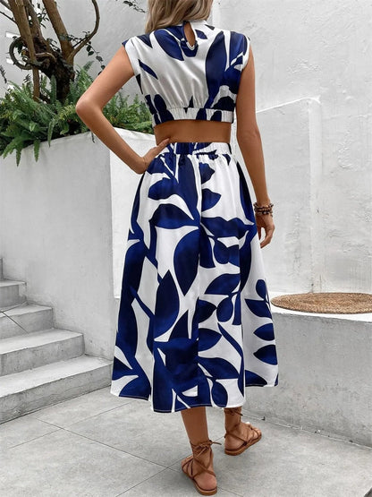 Cutout Printed Cap Sleeve Midi Dress - adritiX