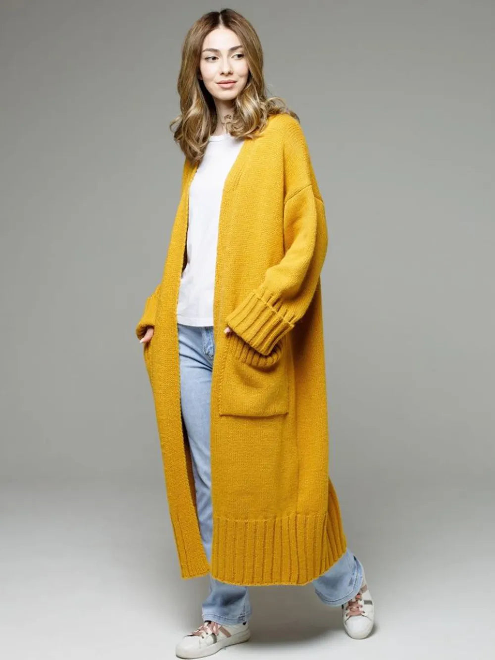 Pocketed Open Front Dropped Shoulder Cardigan - adritiX