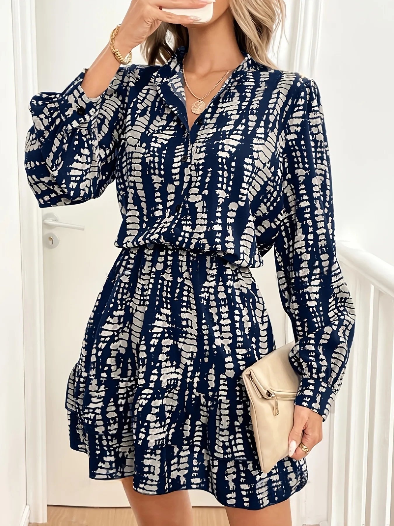 Printed Long Sleeve Shirt Dress - adritiX
