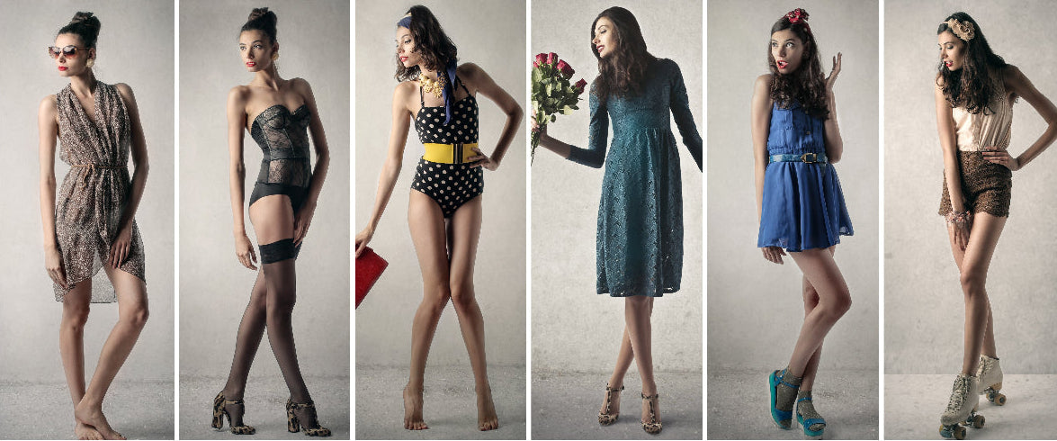 Collage of a woman modeling various outfits in different poses.