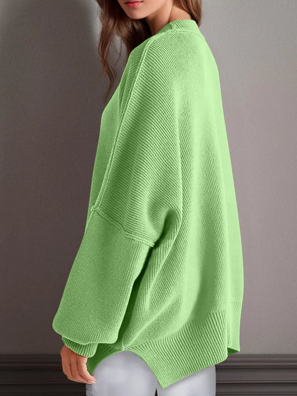 Double Take Side Slit Round Neck Long Sleeve Sweater - adritiX