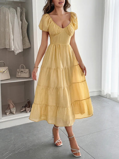 Elegant V-Neck Short Sleeve Midi Dress - adritiX