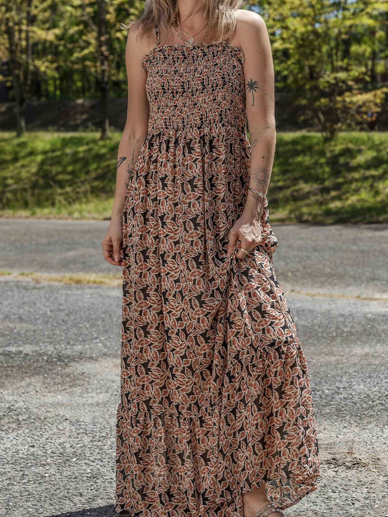Printed Smocked Bodice Maxi Dress - adritiX