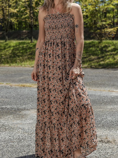 Printed Smocked Bodice Maxi Dress - adritiX