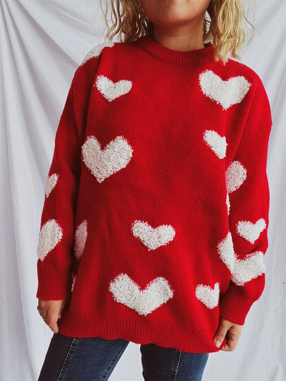 Heart Round Neck Dropped Shoulder Sweater - adritiX