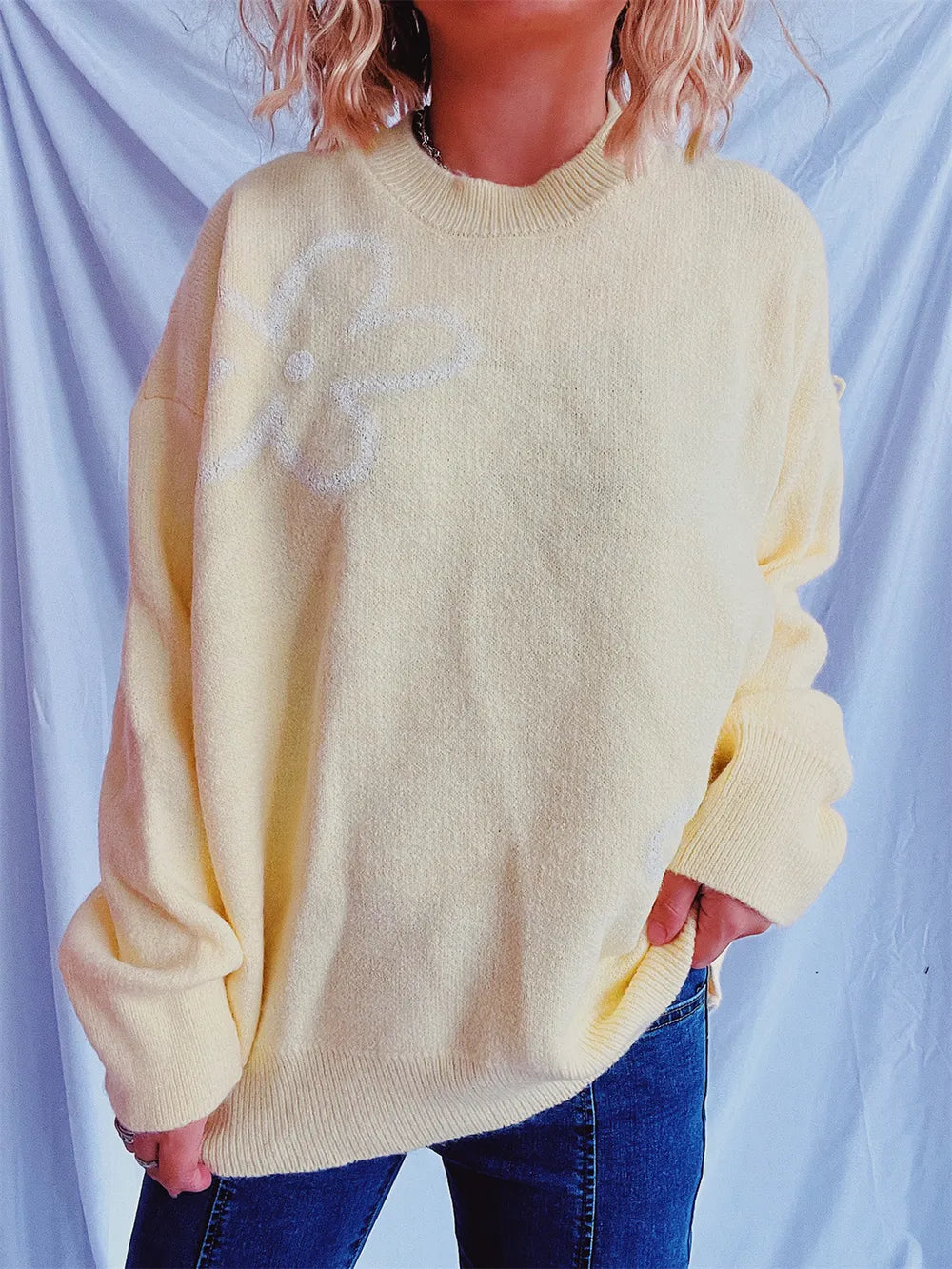 Flower Round Neck Long Sleeve Sweater - adritiX