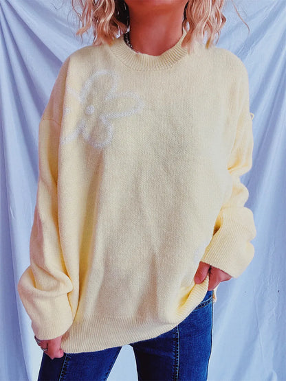Flower Round Neck Long Sleeve Sweater - adritiX