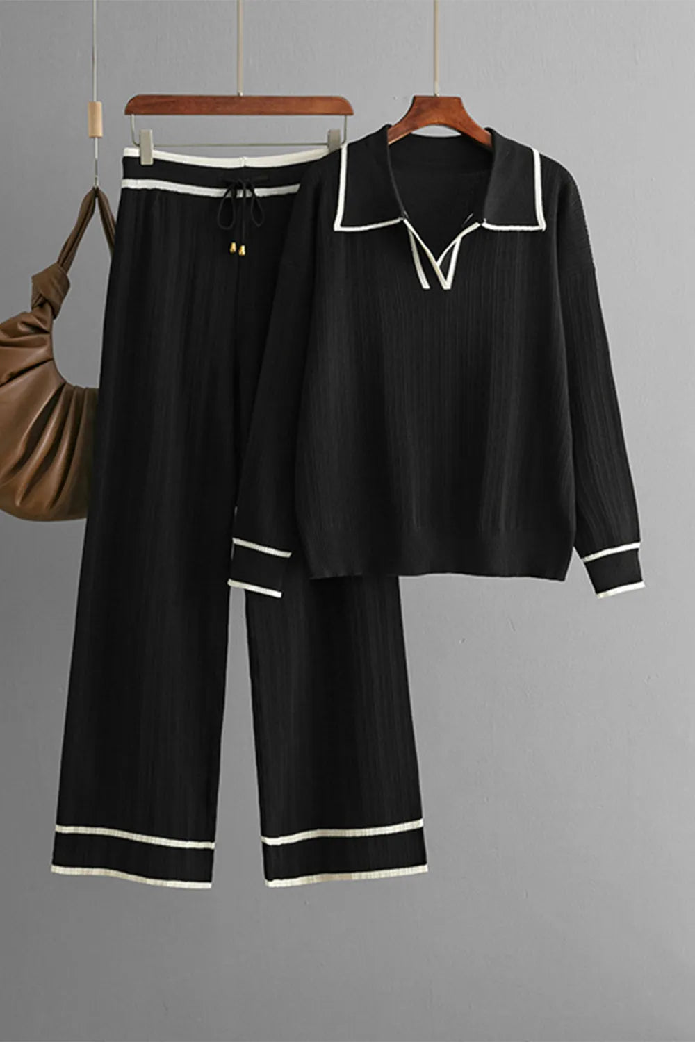 Contrast Trim Johnny Collar Top and Drawstring Pants Sweater Set - adritiX