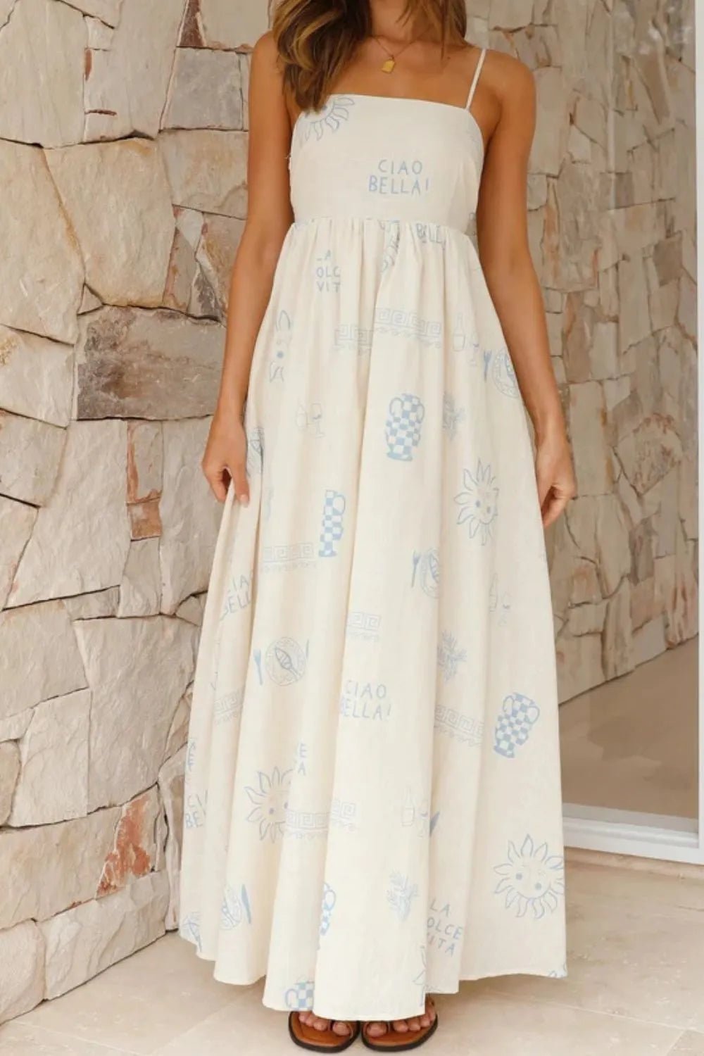 Cutout Back Printed Square Neck Maxi Cami Dress - adritiX
