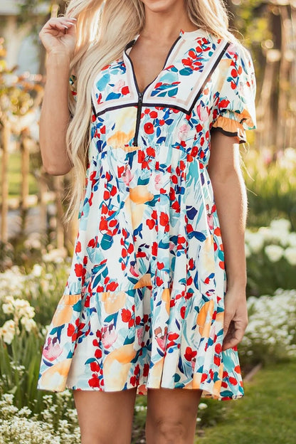 Floral Print Zipper Ruffled Short Sleeve High Waist Mini Dress - adritiX