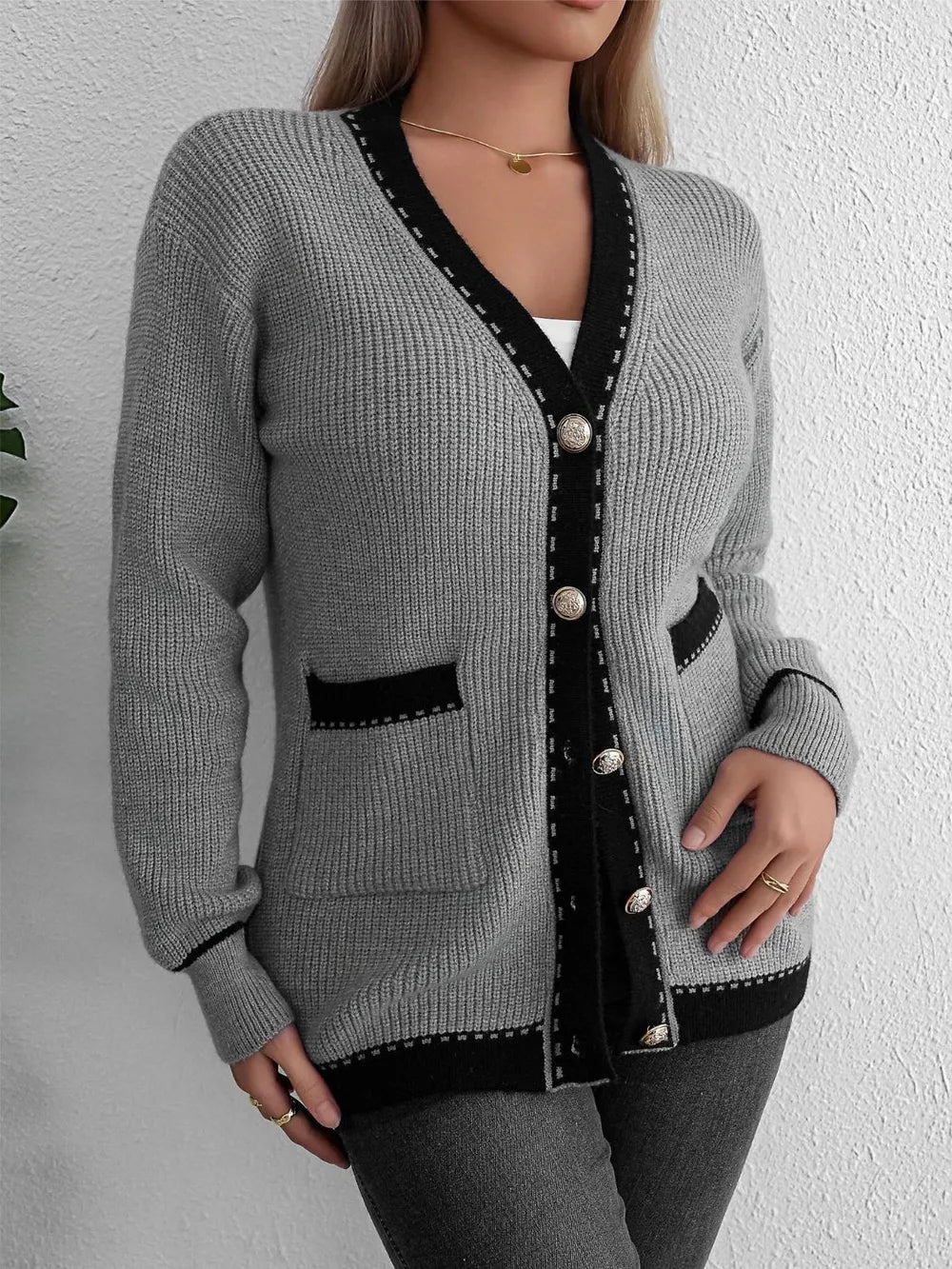Contrast Trim Button Up Long Sleeve Cardigan - adritiX