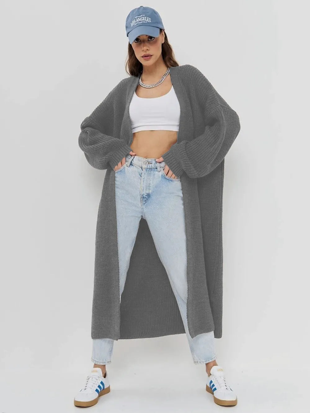 Open Front Long Sleeve Longline Cardigan - adritiX