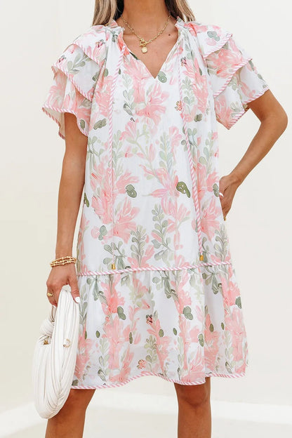 Floral Contrast Edge Layered Short Sleeve Mini Dress - adritiX