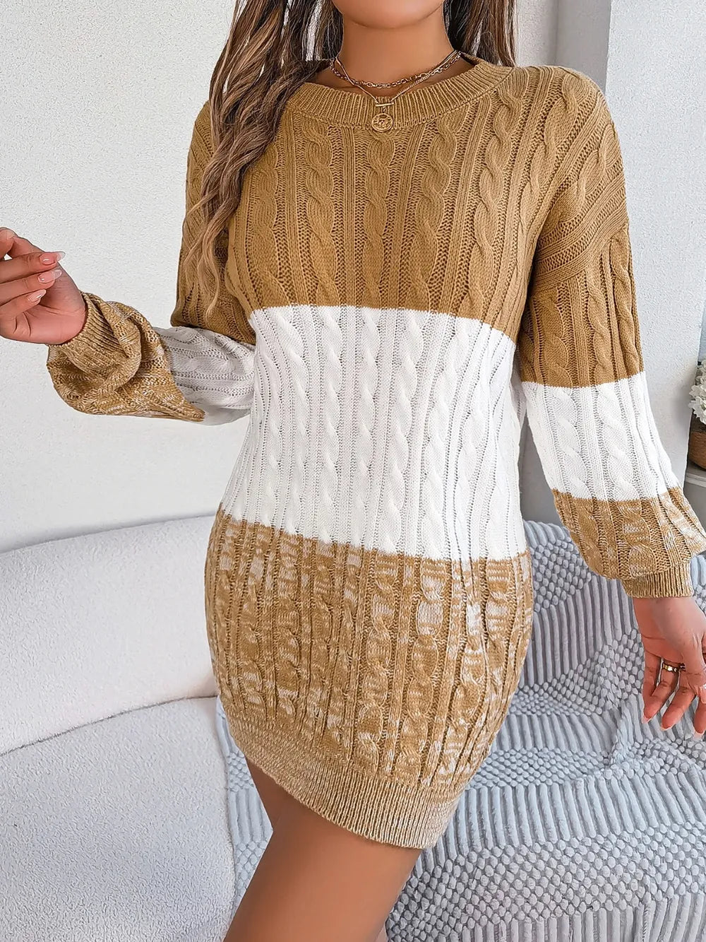 Cable-Knit Round Neck Color Block Sweater Dress - adritiX