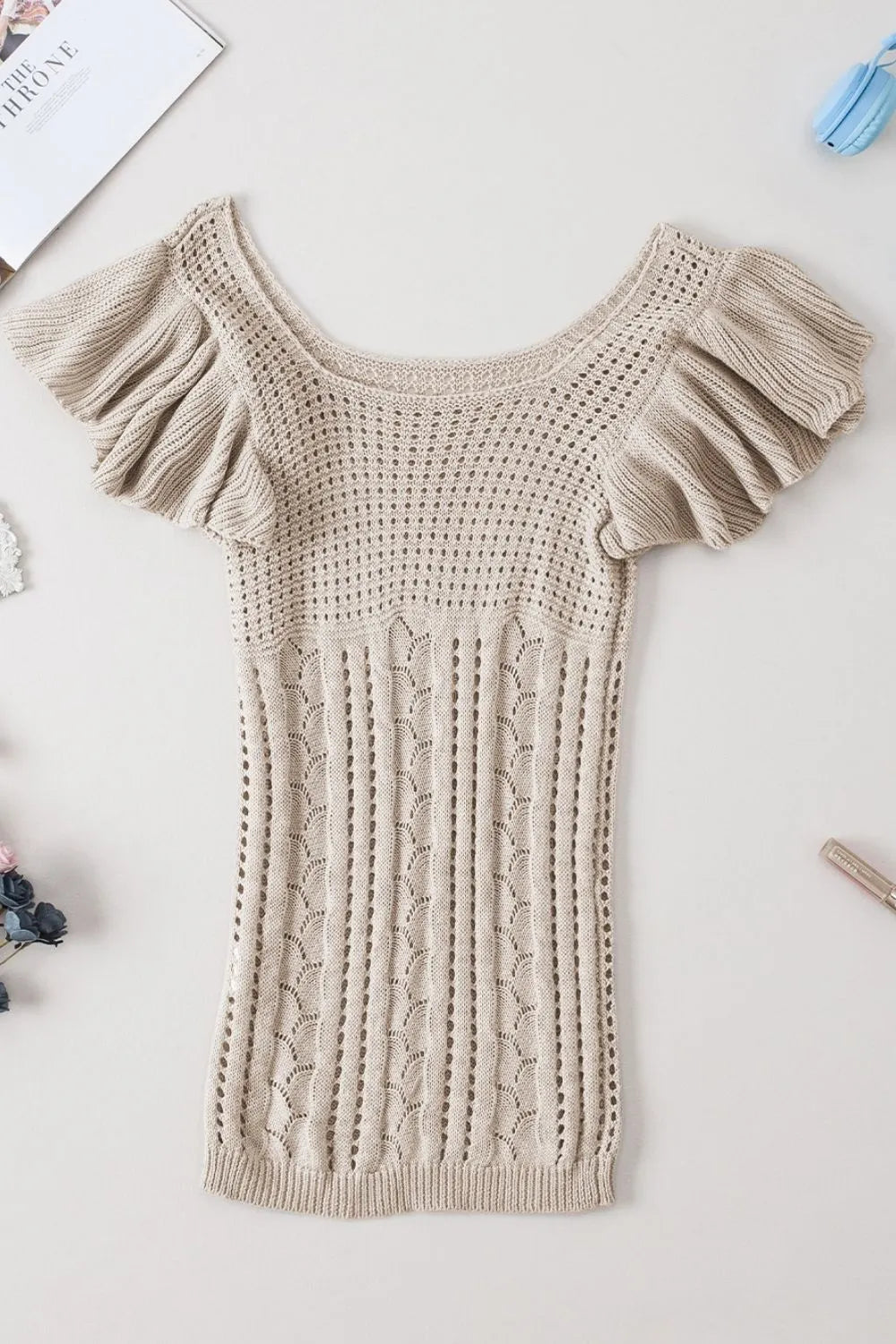 Openwork Ruffled Scoop Neck Knit Top - adritiX
