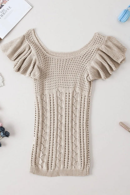 Openwork Ruffled Scoop Neck Knit Top - adritiX
