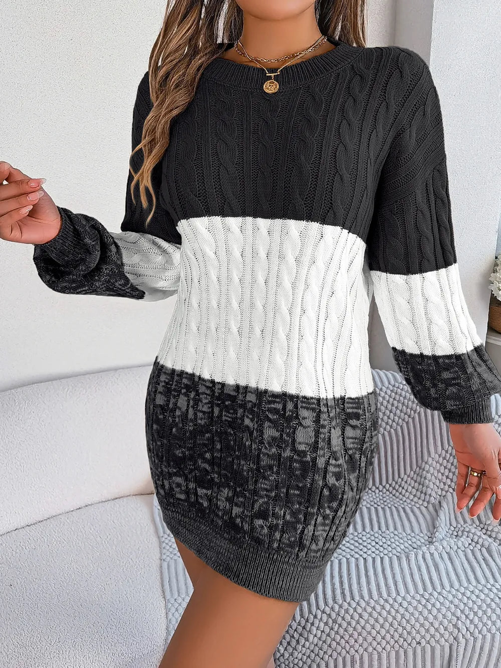 Cable-Knit Round Neck Color Block Sweater Dress - adritiX
