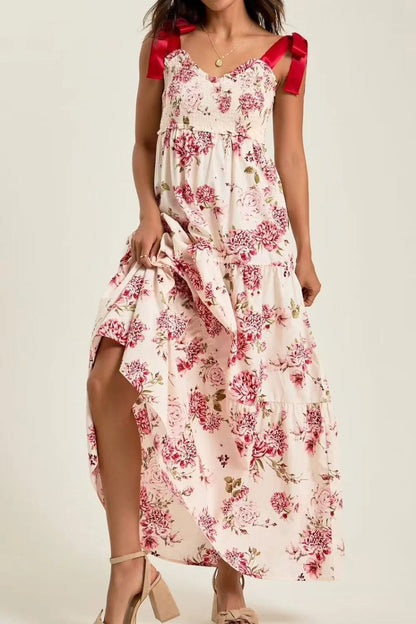 Floral Tiered Maxi Dress with Mixed Print Design - adritiX