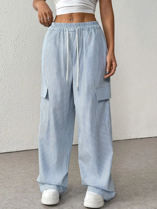 Drawstring Striped Wide Leg Cargo Pants - adritiX