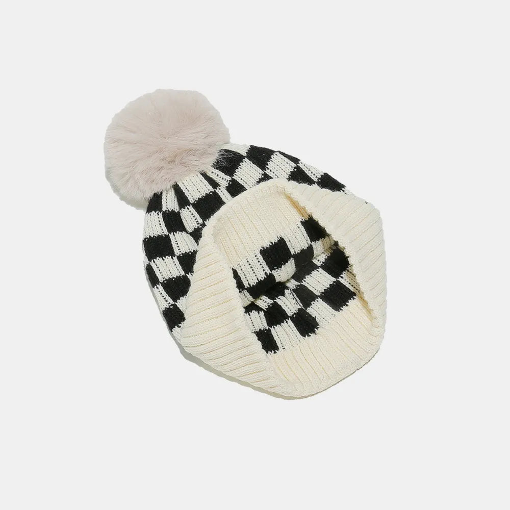 Checkered Knit Hat with Pompom - adritiX