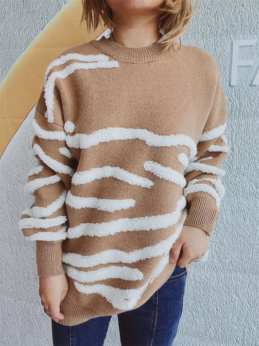 Elegant Contrast Round Neck Long Sleeve Sweater - adritiX